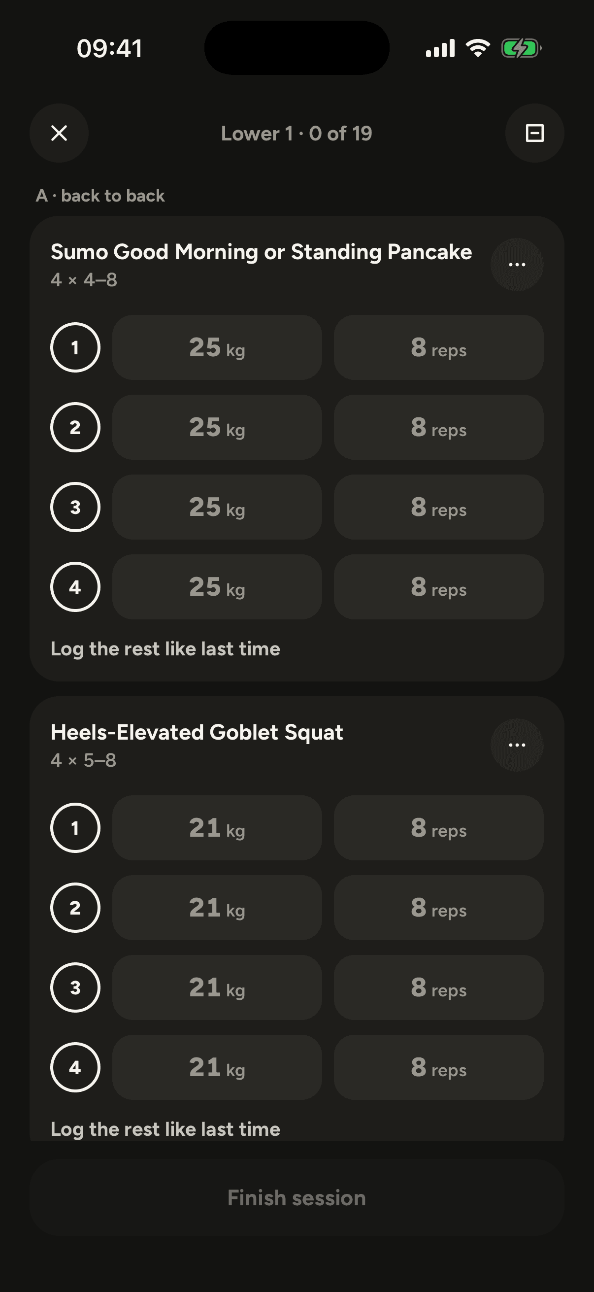 The session as a list, dark mode